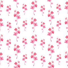 Watercolor seamless pattern with pink sakura sprigs on a white background. Delicate spring print for fabrics, cards and invitations.
