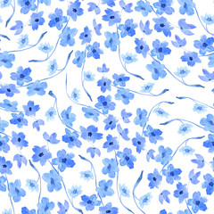 Watercolor seamless pattern with blue sakura sprigs on a white background. Fresh oriental print with flowers.
