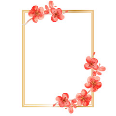 Rectangular golden frame with red cherry flowers on a white background. Elegant spring frame with place for writing for cards, wedding invitations, greetings.