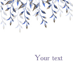 Watercolor tender frame. Purple plants. Blue. Twig. Wedding. Postcard.