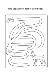Kids maze coloring page.  Activity page. Find the right path. Funny riddle. Coloring Page Outline Of Cartoon Dog with bone. Education worksheet. Vector illustration.
