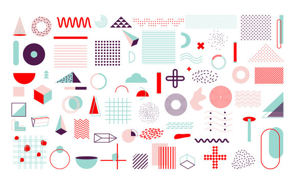 Set of colorful geometric shapes. Memphis design elements of retro style, funky 90s trends pattern. Trendy halftone for magazine, billboard, web poster, banner, leaflet. Isolated vector illustration