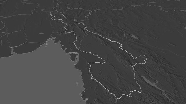 Kayin, state with its capital, zoomed and extruded on the bilevel map of Myanmar in the conformal Stereographic projection. Animation 3D
