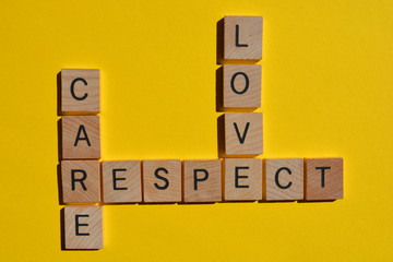 Love, Care, Respect, crossword on yellow