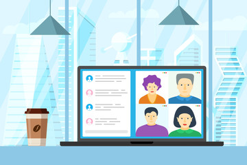 People group on laptop screen taking part in online conference. Virtual work meeting and distance education webinar or videoconferencing. Video conferencing and web communication talk illustration