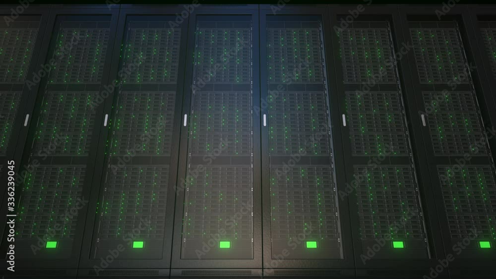 Poster realistic server racks in modern server room, loopable 3d animation