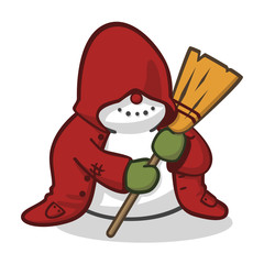 Cute small snowman with a broom, a large red coat and green mittens holding a broom. Drawn in a fun style with flat colors and isolated on white.