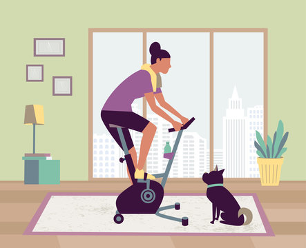 Woman Riding Stationary Bike Stay At Home Vector