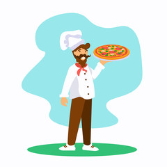 Chef cook holding tasty pizza. Traditional italian food. Vector illustration with cartoon character