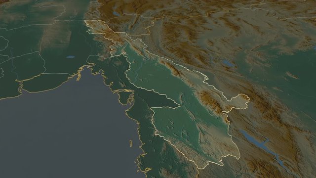 Kayin, state with its capital, zoomed and extruded on the relief map of Myanmar in the conformal Stereographic projection. Animation 3D