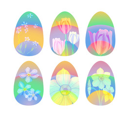 Vector set of isolated on white bright eggs decorated with spring flowers