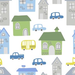 Fototapeta na wymiar Seamless pattern of a small town and countryside. Pattern with different houses and cars. Perfect for kids fabric, textile, nursery wallpaper. Vector illustration. City map. Flat style.