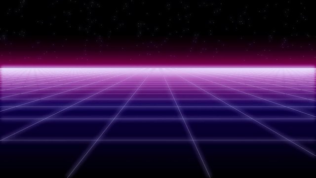synthwave wireframe net horizontal movement and stars 80s Retro Futurism Background 3d illustration render seamless loop