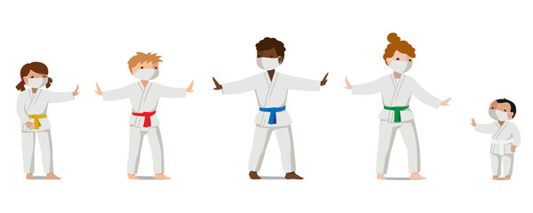 Children in uniform and medical masks keep their distance.