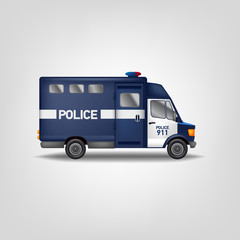  Illustration police car. Realistic Vector van. Blue service Truck template

