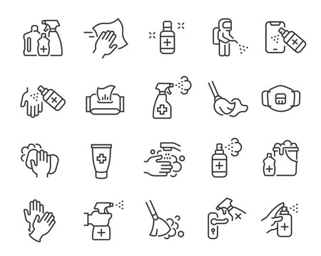 Disinfection and cleaning icon set. Collection of linear simple web icons such as hygiene, disinfection, cleaning, washing and other. Editable vector stroke.