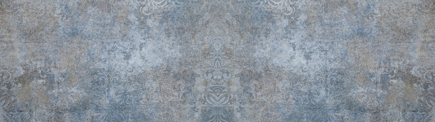 Old gray blue vintage shabby patchwork motif tiles stone concrete cement wall texture background banner	
