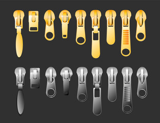zipper Set of gold and silver metallic closed and open zippers and pullers realistic set isolated on black background vector illustration © YURII