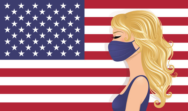 Blond woman wearing a mask. USA flag on the background. Isolated on white. 