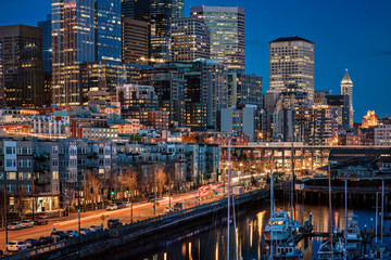 Downtown Seattle Skyscrapers and Light Trails at Blue Hour