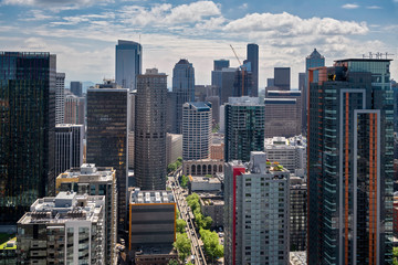 Naklejka premium Modern Skyscrapers of Seattle Skyline as seen from Air