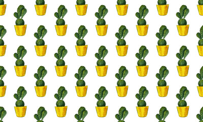 watercolor cactus seamless pattern. Watercolor cactuses, hand-drawn cacti set isolated. Funny cartoon sketch