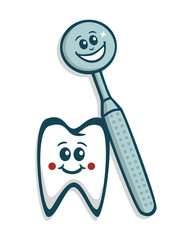 Vector drawing of a cute tooth and dentist mirror with smiling faces. Can represent orthodontics, oral health and hygiene, a checkup, teeth whitening, implants, surgery, prevention, cavities, etc.