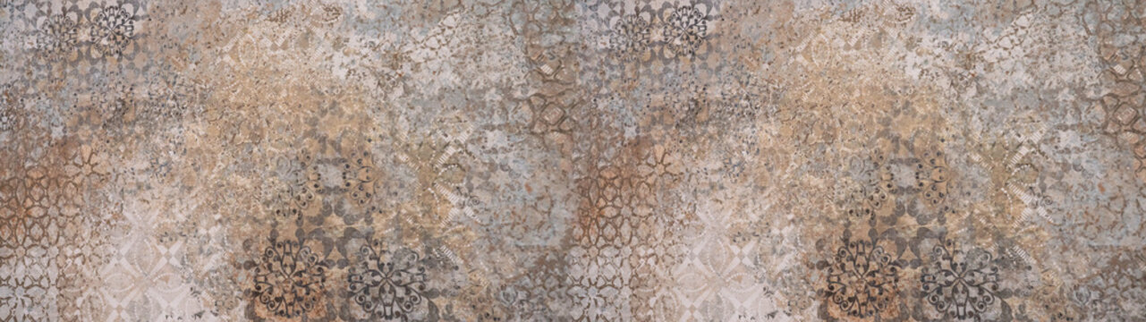 Old brown gray vintage shabby patchwork motif tiles stone concrete cement wall texture background banner	
