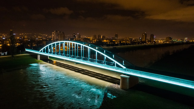 Aerial view of railway bridge over Sava river in Zagreb, Croatia.