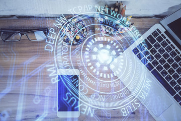Double exposure of technology theme drawing over work table desktop. Top view. Global data analysis concept.
