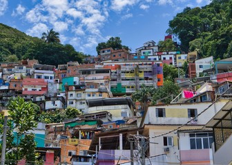 Front view of the colorful houses and facades of the Santa Marta favela in Rio de Janeiro, Brazil