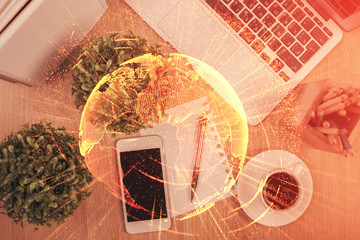 Double exposure of social network theme drawing over table with phone. Top view. People connecting concept.