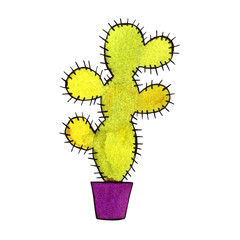 watercolor cactus in a pot set. Watercolor cactuses, hand-drawn cacti set isolated. Funny cartoon sketch
