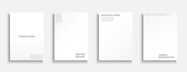 Set of vector abstract digital templates, covers, placards, brochures, banners, flyers, backgrounds. White and gray design. Creative posters with geometric shapes and mosaic textures