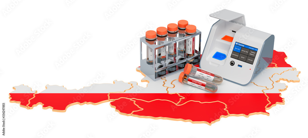 Poster covid-19 testing in austria concept. lab-in-a-box test with nasal swab test tubes on the austrian ma