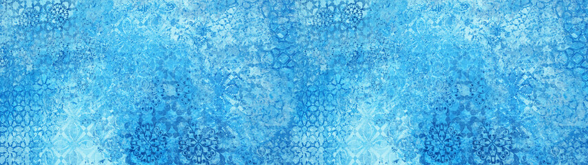 Old blue vintage shabby patchwork motif tiles stone concrete cement wall texture background banner