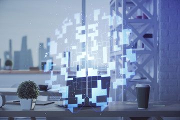 Double exposure of data theme drawing and office interior background. Concept of technology.