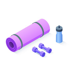 Vector isometric set of yoga fitness equipment items, home aerobic 