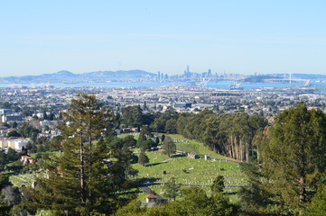 A view of Oakland, San Francisco Bay and the City of San Francisco and much of the East Bay from the top of St. Mary Cemetery in Oakland.