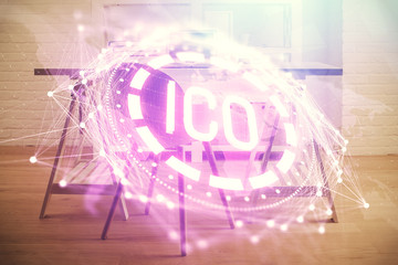 Double exposure of crypto technology theme drawing and office interior background. Concept of...