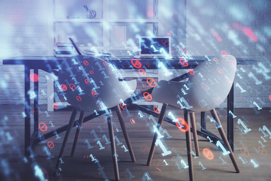 Multi exposure of data theme drawing and office interior background. Concept of technology.