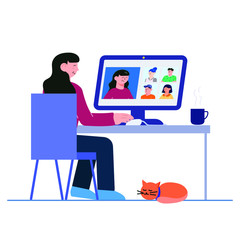 Flat Style Design. Woman Freelancer Working from Home Telecommuting in  Video Chat Video Conference Vector Illustration