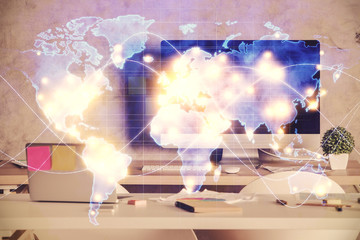 Double exposure of business theme drawing and office interior background. Concept of success