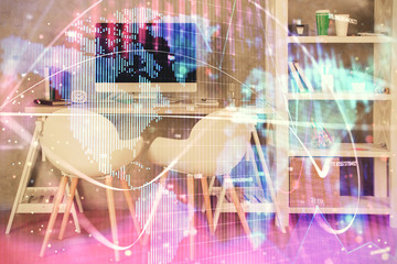 Double exposure of business theme drawing and office interior background. Concept of success