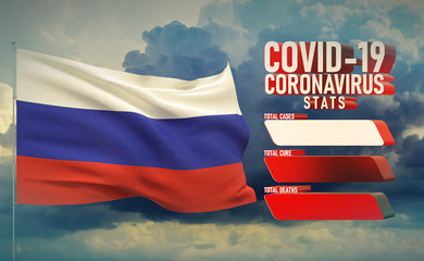 COVID-19 Coronavirus 2019-nCov Statistics Update - table letter typography copy space concept with flag of Russia. 3D illustration.