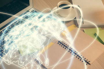 Double exposure of business theme drawing and desktop with coffee and items on table background. Concept of market trading