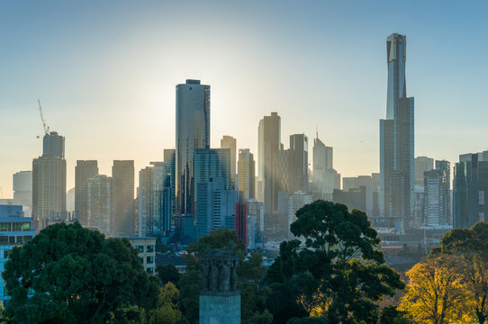 Melbourne Southbank cityscape with modern buildings at sunset