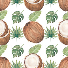 Watercolor tropical leaves and fruits seamless pattern, hand drawn coconut digital paper, monstera leaves pattern. Summer illustration.