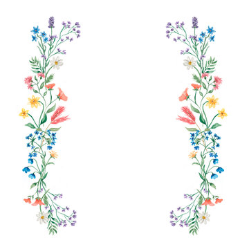 Hand drawn watercolor  spring and summer floral wreath illustration.Wildflower wreath/frame for wedding, birthday invitation. Meadow herbs clip art. floral arrangement