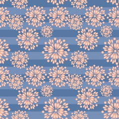 Vector abstract floral seamless pattern. Elegant ornament with pink flowers on striped blue background. Simple hand drawn ornament. Repeatable texture. Design for decor, wallpapers, textile, clothing